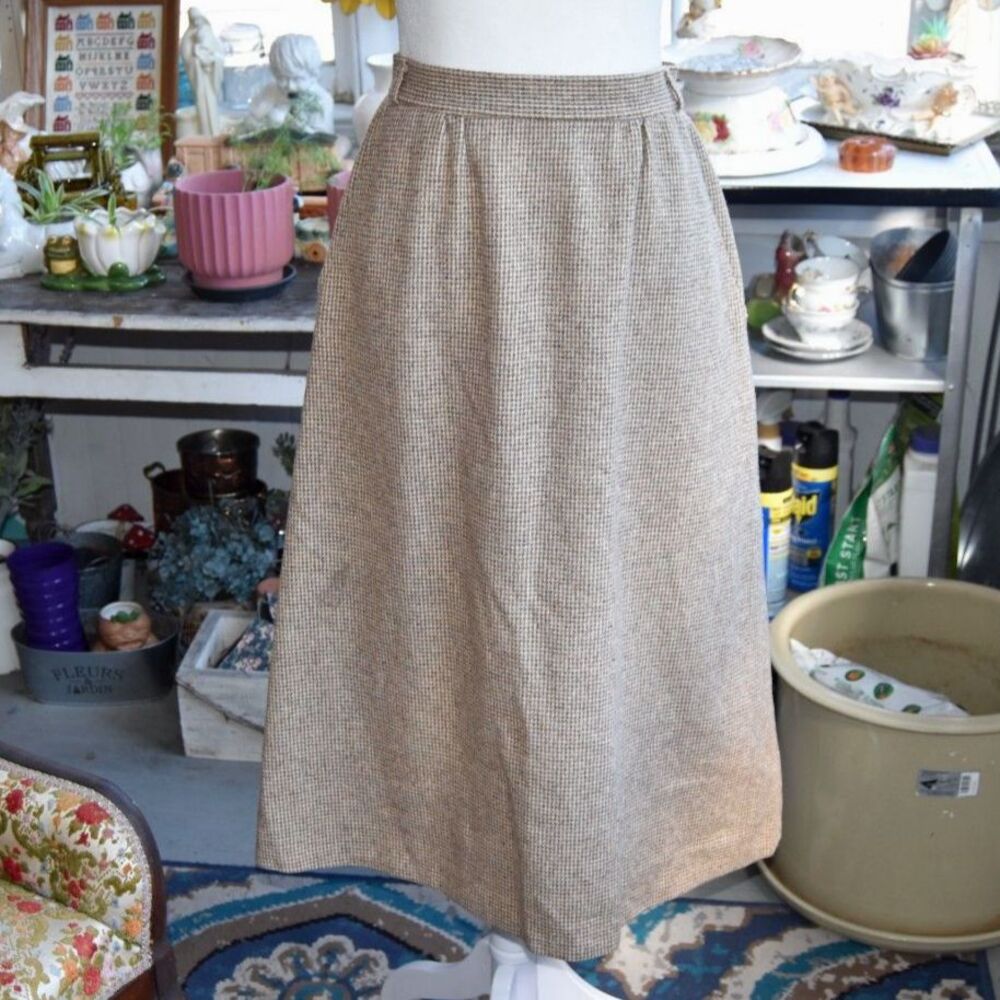 Vintage The Villager 100% Wool Midi Skirt Brown Houndstooth Size Small 26''W